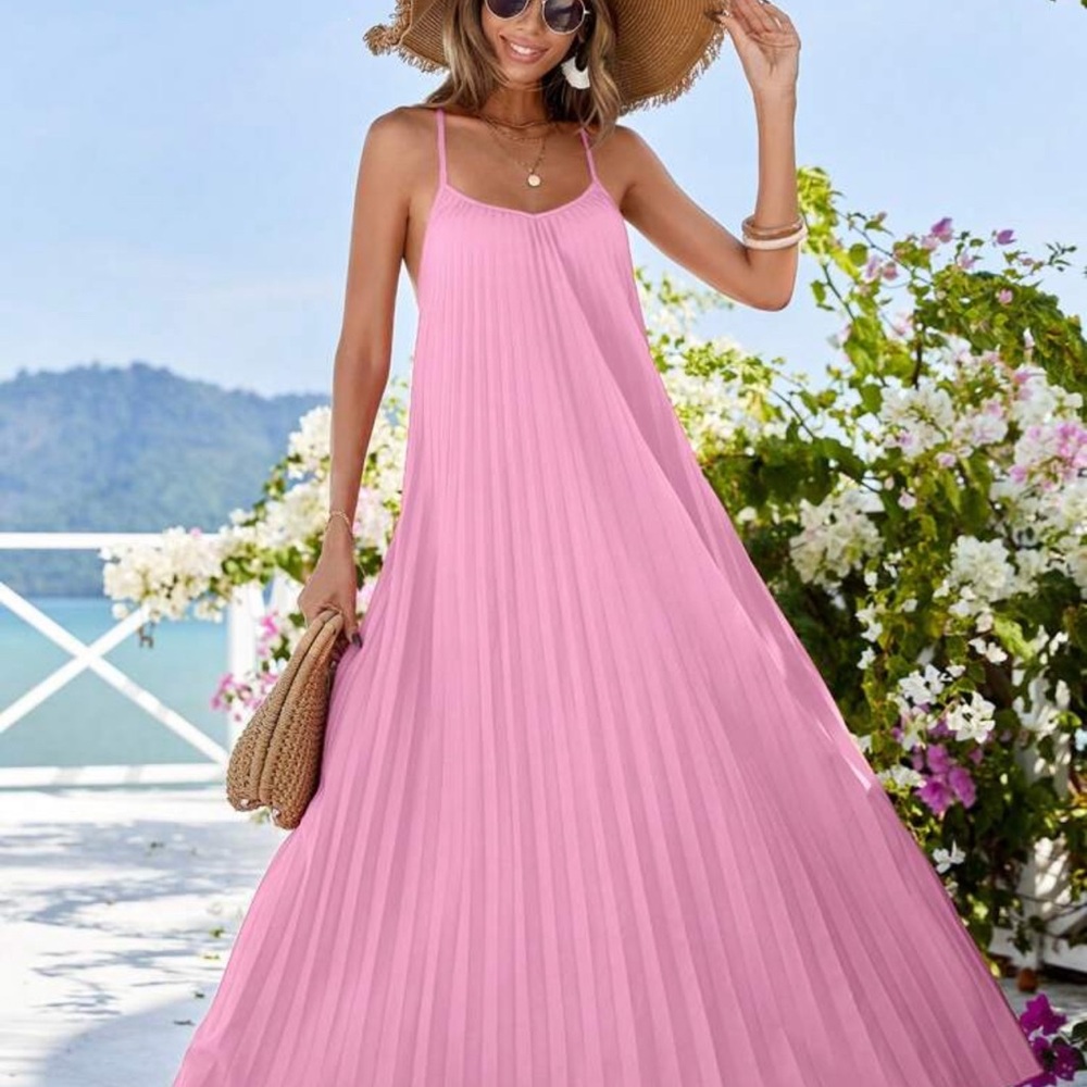 SHEIN Pink Pleated Maxi Sundress Spaghetti Strap